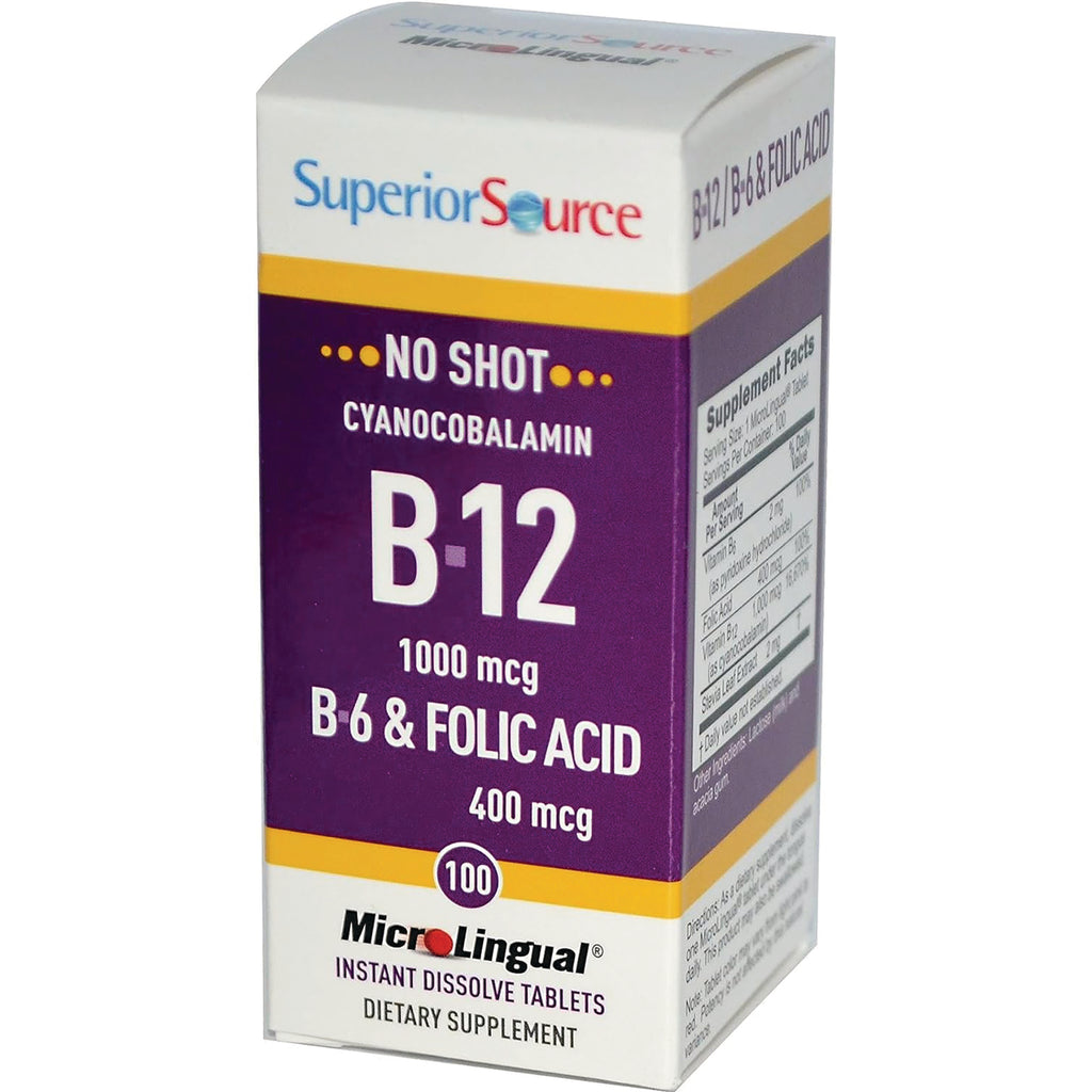 SUS003 | Superior Source B-12 1000 mcg with B-6 & Folic Acid 400 mcg, No Shot MicroLingual tablets, 100 count box - Thumbnail