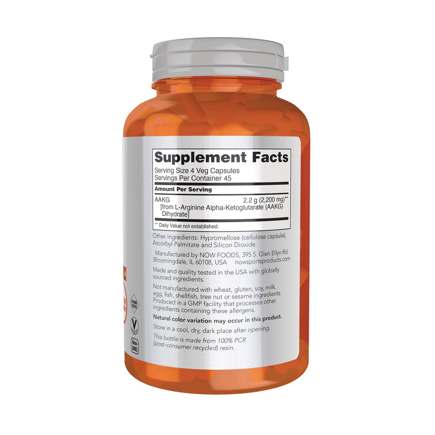 NWF1424 | Supplement Facts label on back of orange supplement bottle showing serving size, AAKG amount, and ingredients