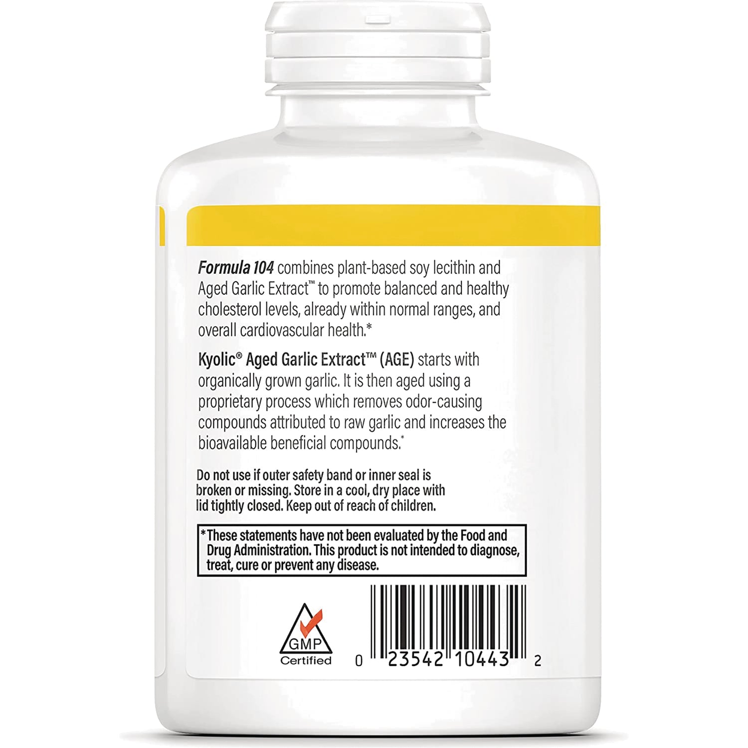 KY126 | back label of white supplement bottle showing product description, warnings, barcode and GMP Certified logo