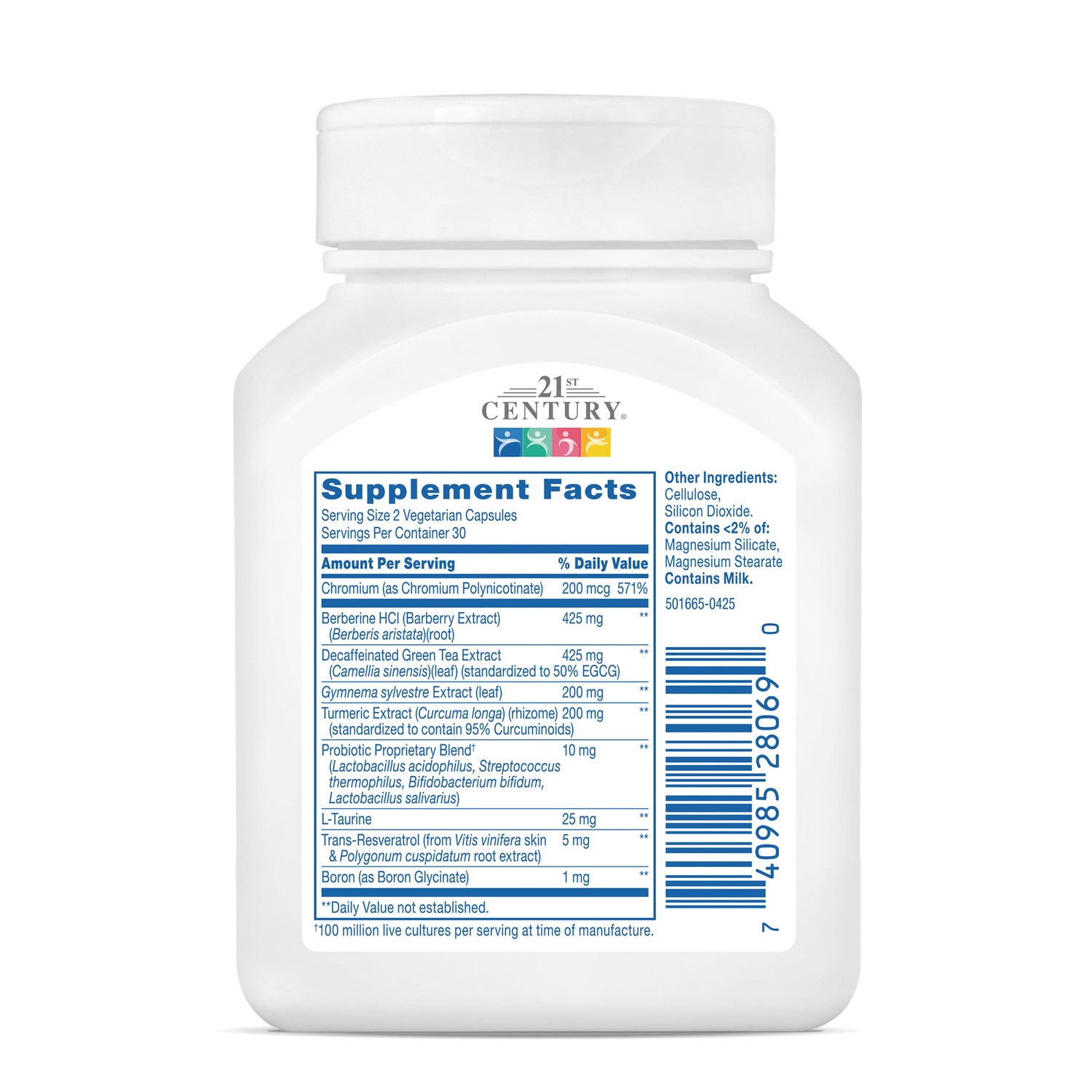CNT295 | back of white 21st Century supplement bottle showing Supplement Facts panel and barcode