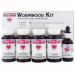 KRG011 | Kroeger Herb Wormwood kit with four supplement bottles and one tincture bottle, front view