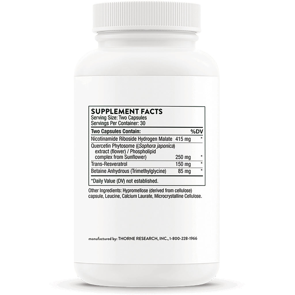 TRN022 | Supplement Facts panel, Serving Size: Two Capsules; includes nicotinamide riboside, quercetin phytosome, trans-resveratrol, betaine - Thumbnail
