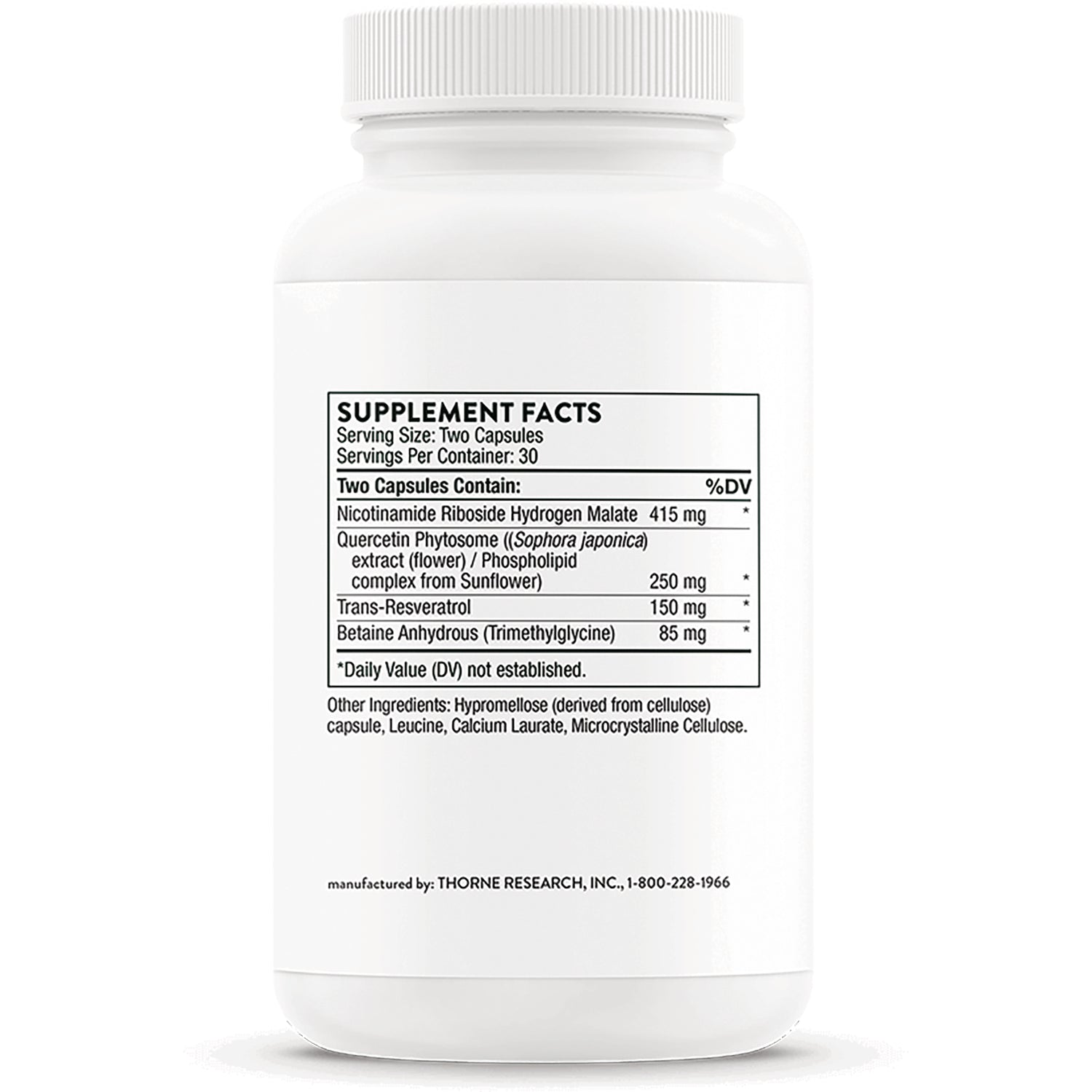 TRN022 | Supplement Facts panel, Serving Size: Two Capsules; includes nicotinamide riboside, quercetin phytosome, trans-resveratrol, betaine