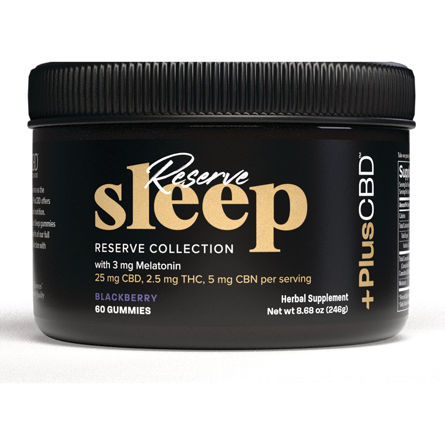 CV053 | black jar of Reserve Sleep Reserve Collection blackberry gummies label shows 25 mg CBD and 3 mg melatonin