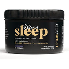 CV053 | black jar of Reserve Sleep Reserve Collection blackberry gummies label shows 25 mg CBD and 3 mg melatonin