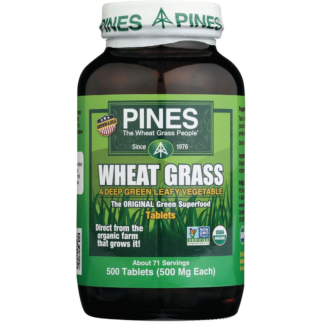PNN003 | Pines Wheat Grass tablets in brown bottle with green label reading 500 Tablets (500 Mg Each) USDA organic - Thumbnail