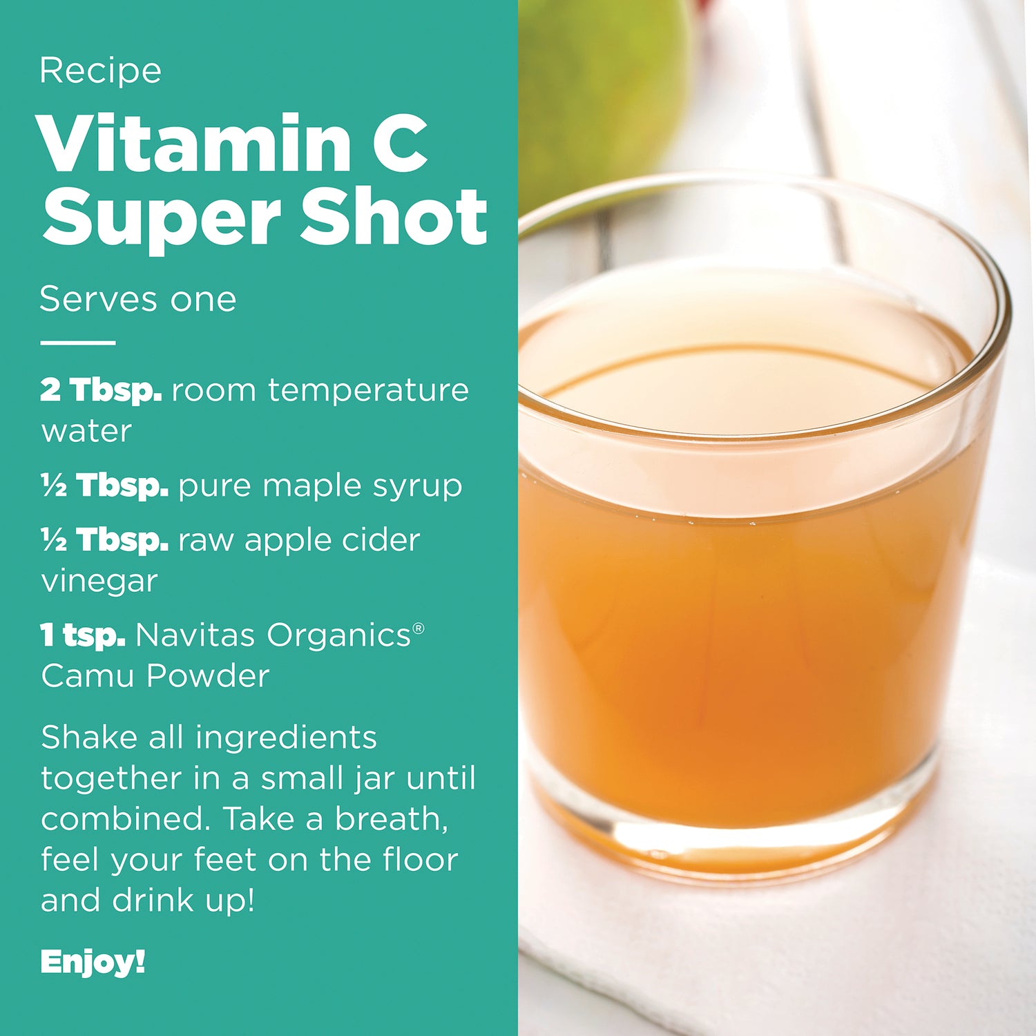 Recipe for Vitamin C Super Shot with ingredients and preparation instructions beside a glass of orange shot