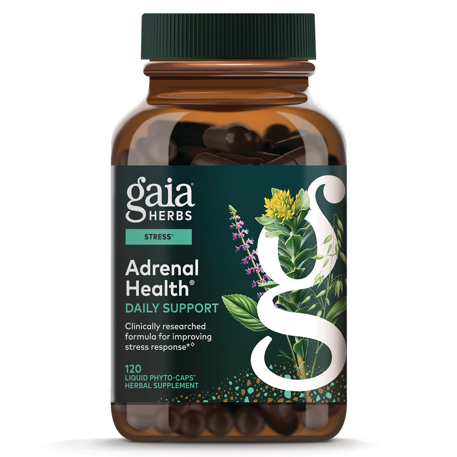 GH041 | Gaia Herbs Adrenal Health daily support bottle, amber jar with green label and botanical illustration showing 120 liquid phyto-caps