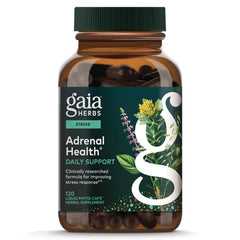 GH041 | Gaia Herbs Adrenal Health daily support bottle, amber jar with green label and botanical illustration showing 120 liquid phyto-caps