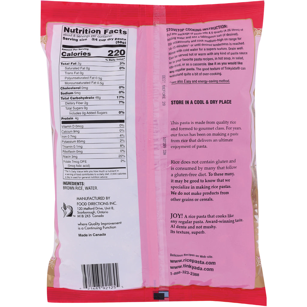 TKY002 | Back of Tinkyada brown rice pasta bag showing Nutrition Facts, ingredients (brown rice, water), instructions, and barcode - Thumbnail