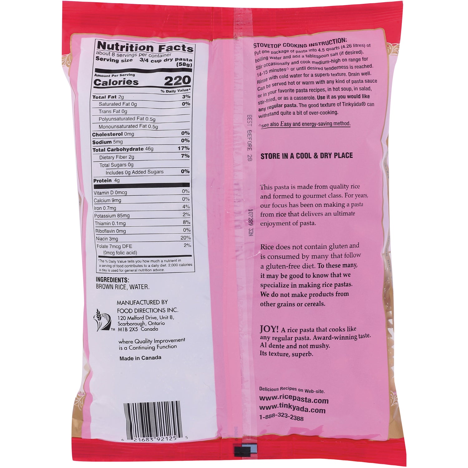 TKY002 | Back of Tinkyada brown rice pasta bag showing Nutrition Facts, ingredients (brown rice, water), instructions, and barcode