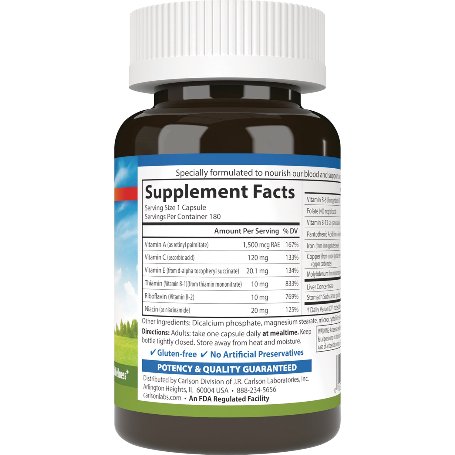 Back of brown supplement bottle showing Supplement Facts panel and nutrition facts table