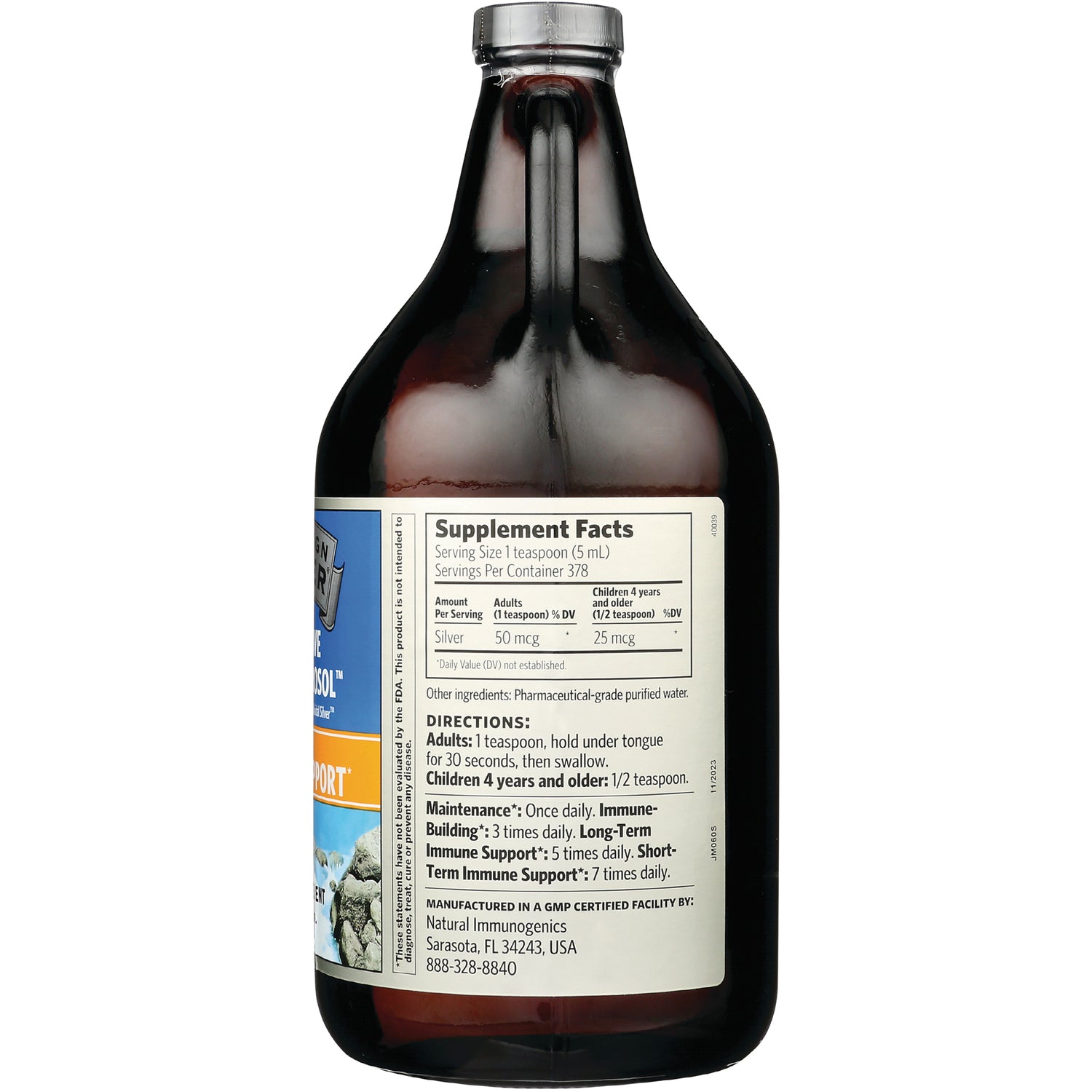 SSL011 | Back label showing Supplement Facts and directions on liquid silver bottle