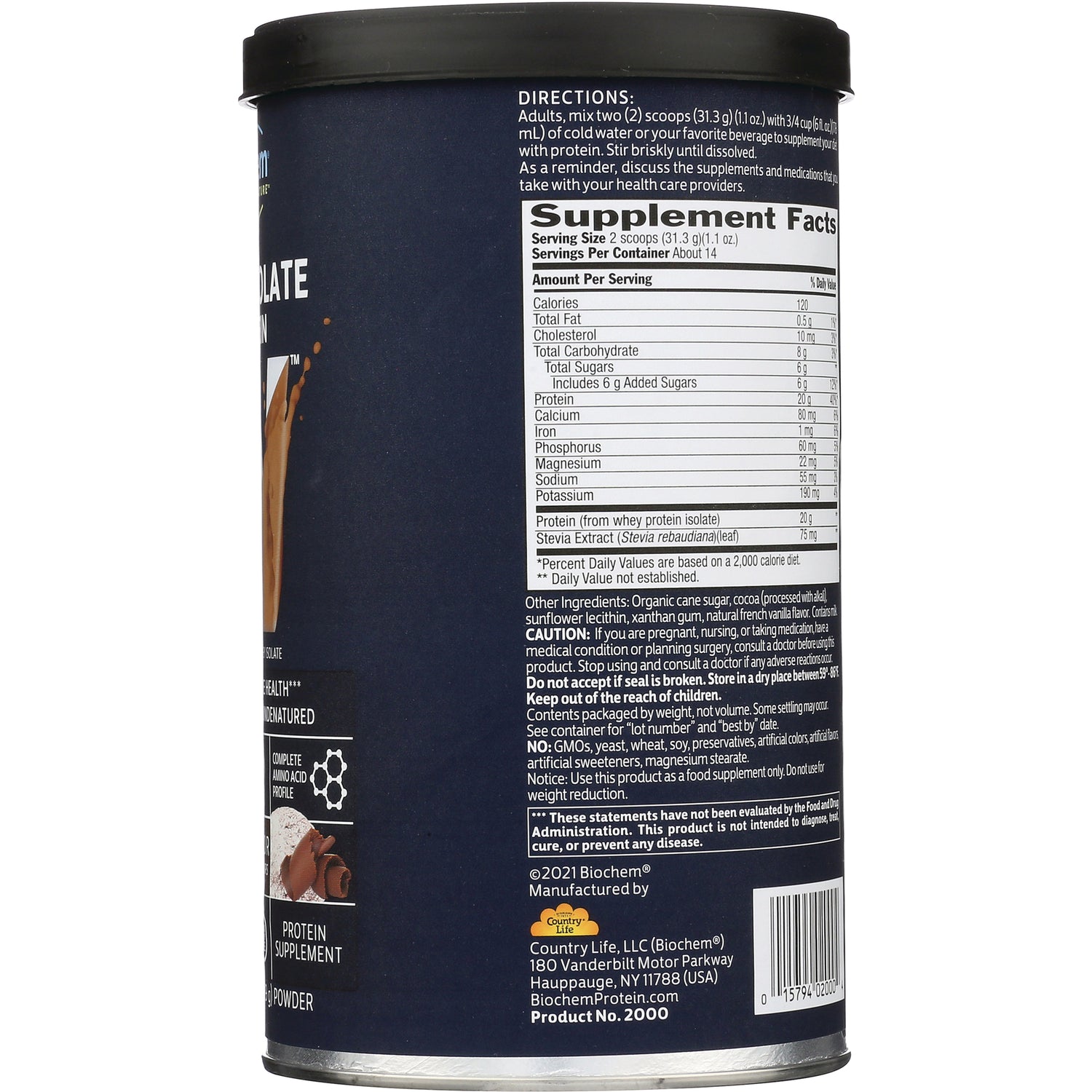 CRL366 | back label showing Supplement Facts panel, directions, ingredients and barcode on navy can
