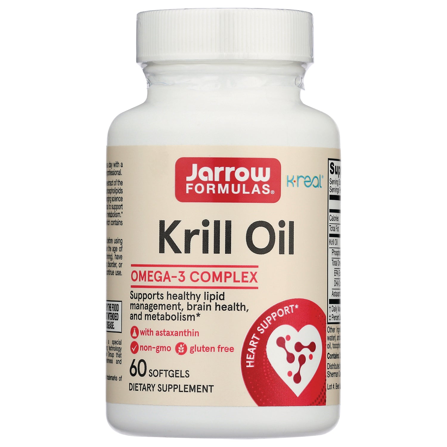 JR093 | Jarrow Formulas Krill Oil bottle, 60 softgels, Omega-3 Complex label with heart support badge