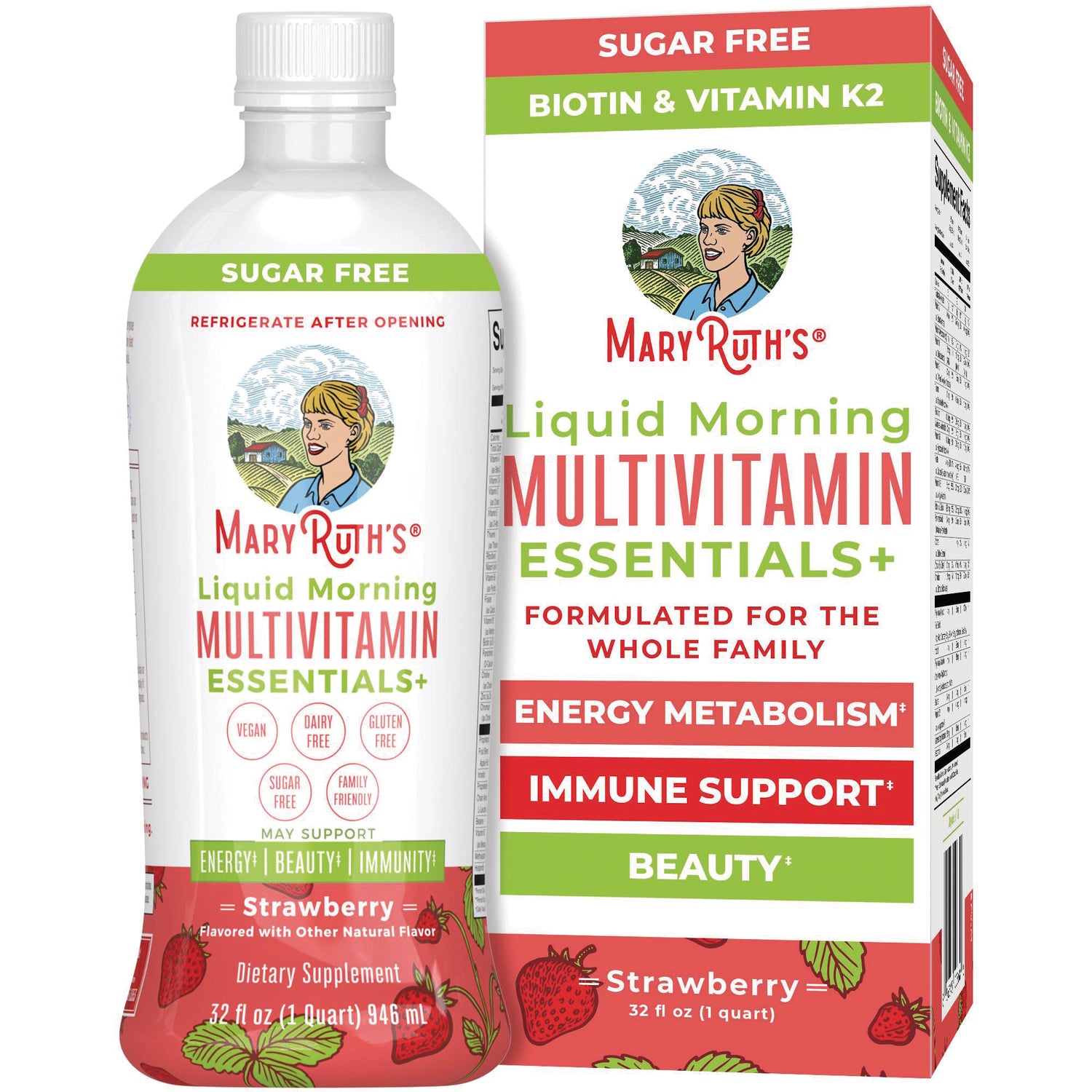 MRR025 | MaryRuth's Liquid Morning Multivitamin Essentials+ strawberry bottle and outer box front view