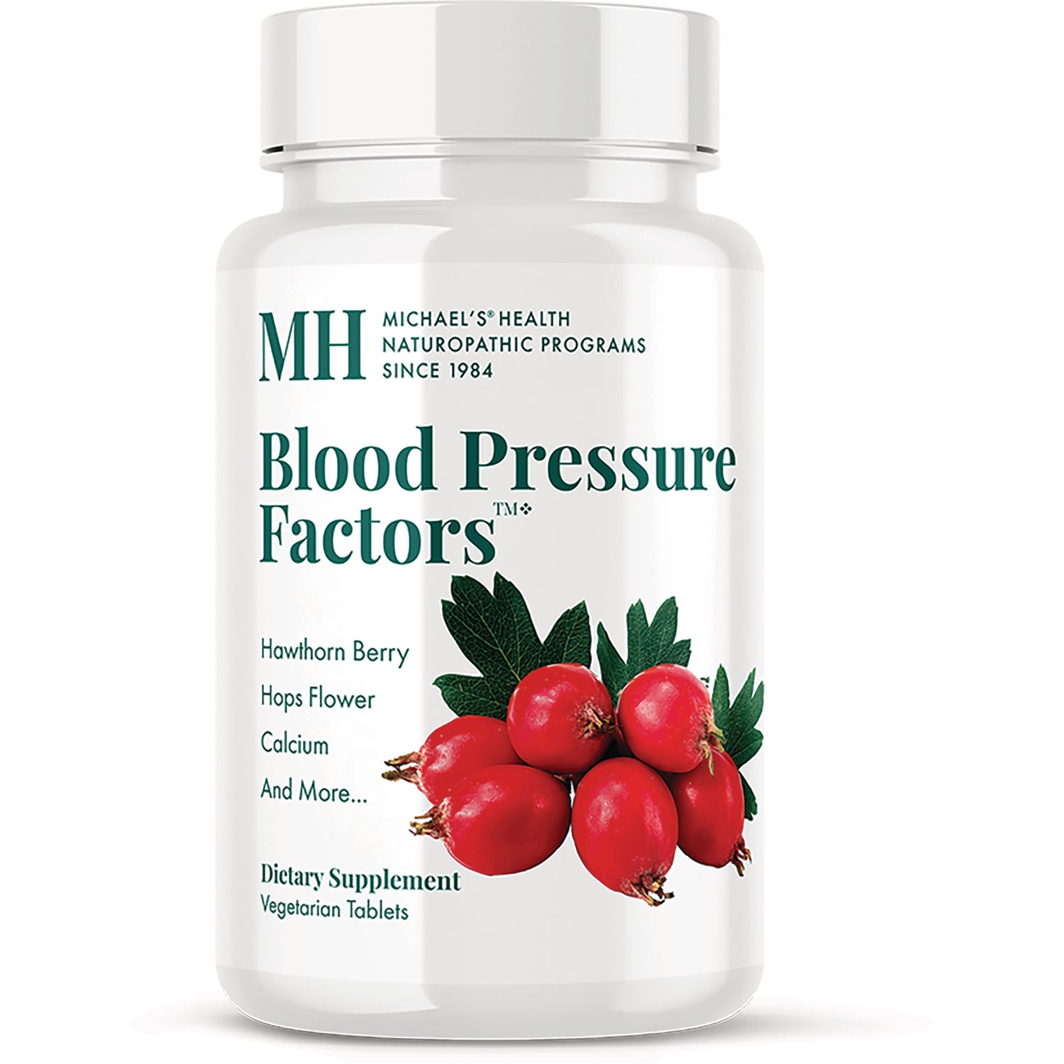 MNP008 | White supplement bottle labeled Blood Pressure Factors with hawthorn berries illustration