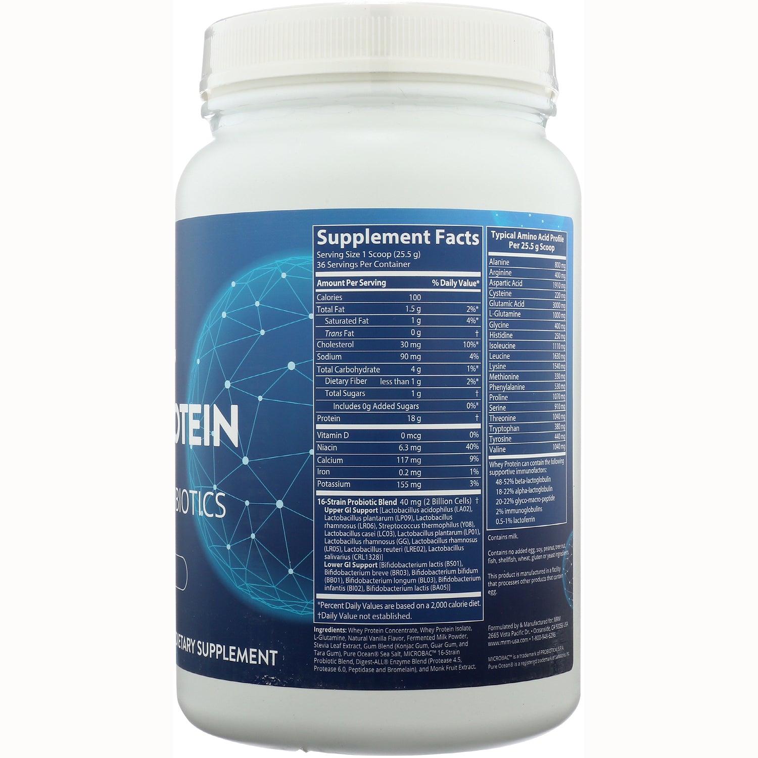 MRM004 | Back label showing Supplement Facts nutrition panel and ingredient text on protein powder tub