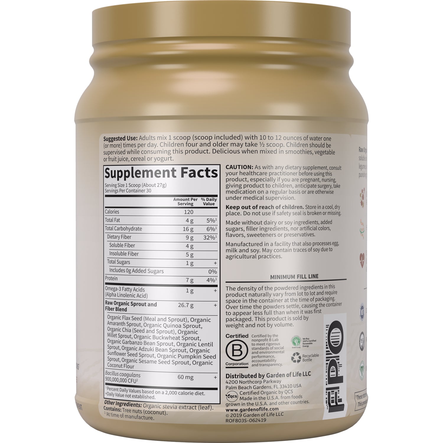 GLF121 | back of beige supplement jar showing Supplement Facts panel, ingredient list, cautions, and minimum fill line