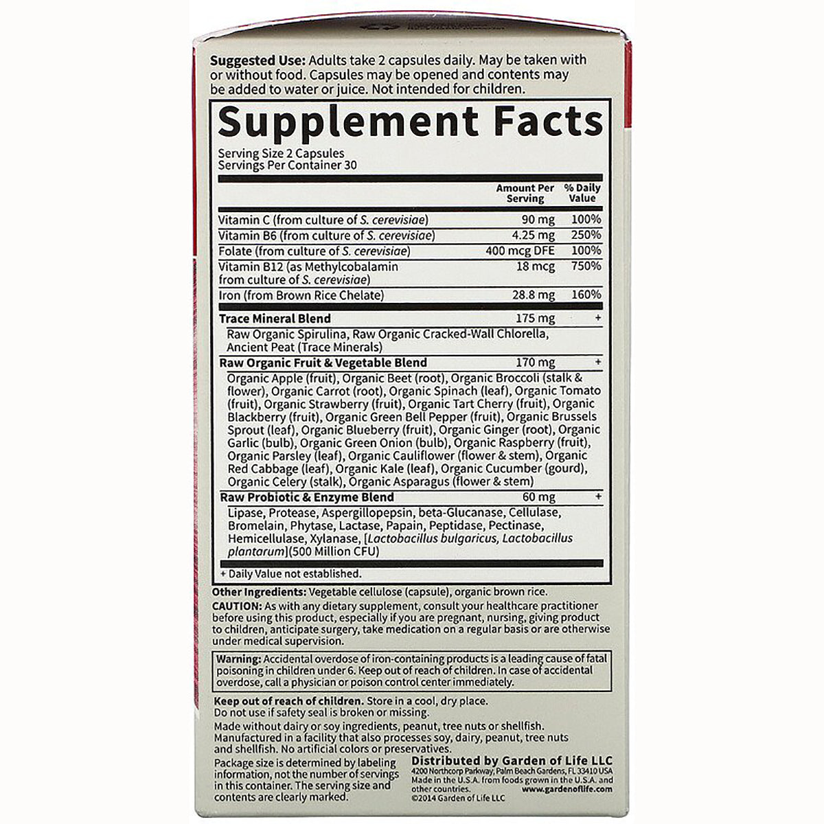 GLF149 | supplement facts panel listing serving size, vitamins, raw blends, other ingredients and warnings on product back