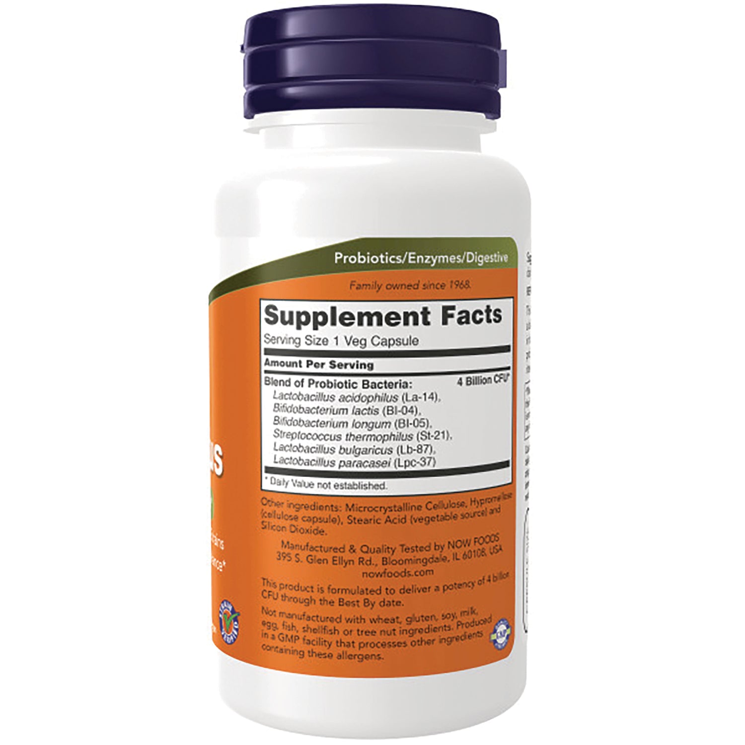 NWF720 | Back label showing Supplement Facts, ingredient list and probiotic information on white bottle with purple cap