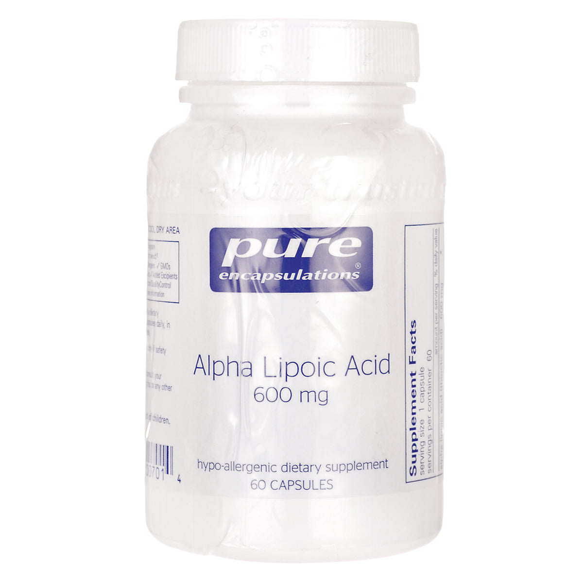 PRN115 | Pure Encapsulations Alpha Lipoic Acid 600 mg white supplement bottle labeled 60 capsules
