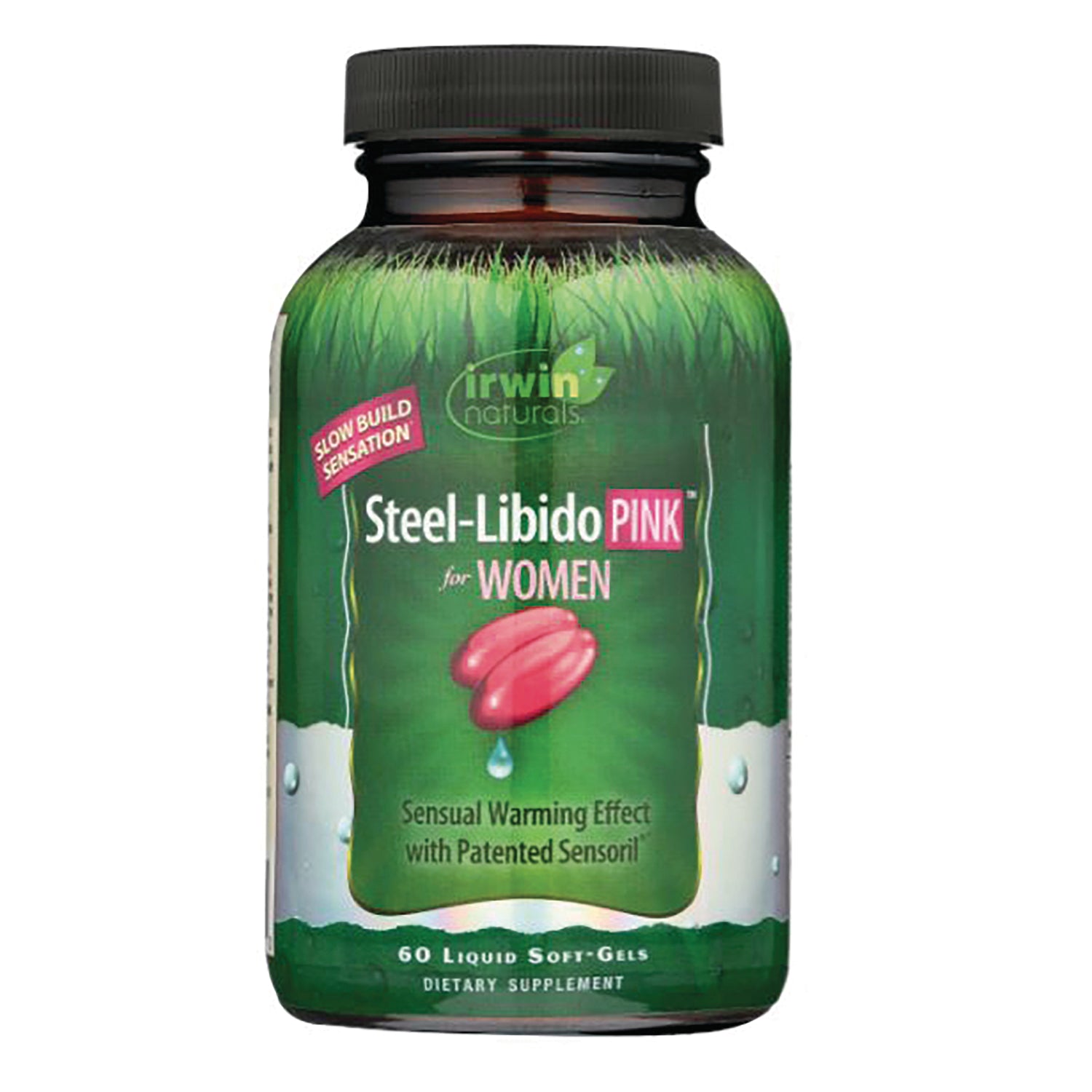 IR282 | Green bottle labeled Steel-Libido PINK for WOMEN dietary supplement, 60 liquid soft-gels