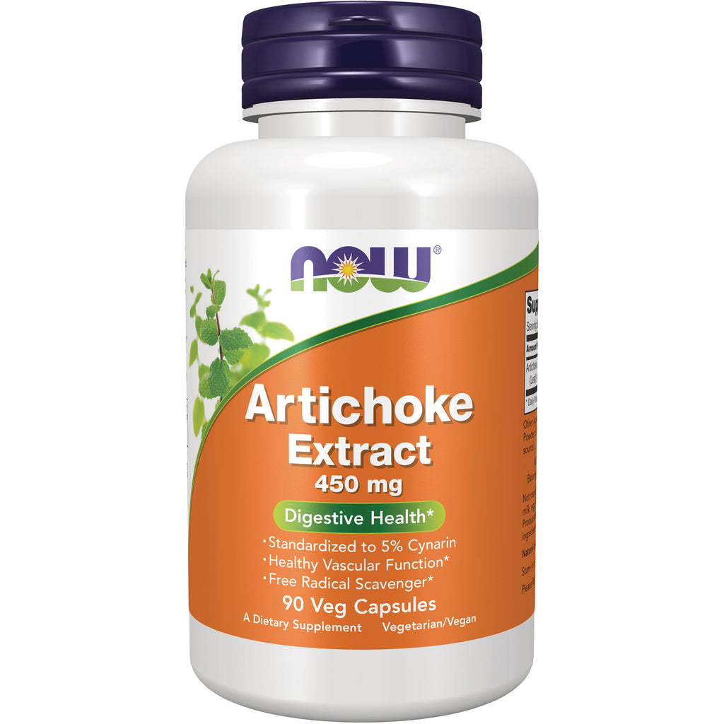NWF1005 | NOW Artichoke Extract 450 mg white bottle with orange label, 90 veg capsules - Thumbnail