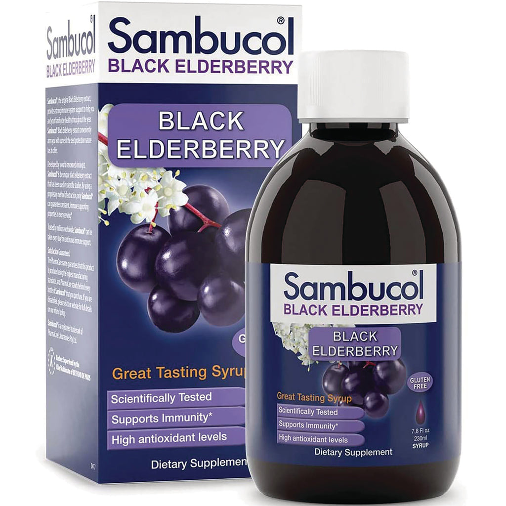 SMB002 | Sambucol Black Elderberry syrup bottle and box with label showing berries - Thumbnail