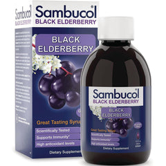 SMB002 | Sambucol Black Elderberry syrup bottle and box with label showing berries