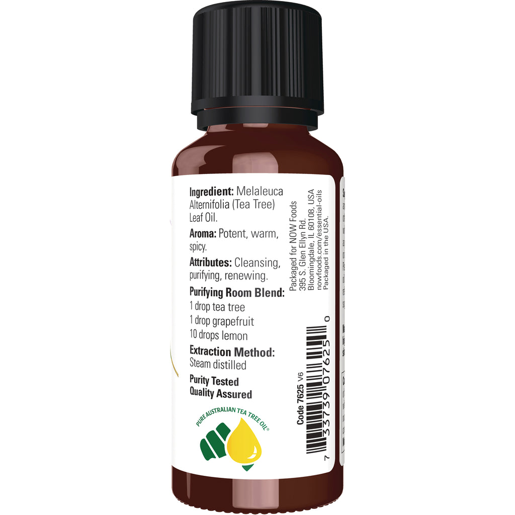 NWF103 | Back label of brown essential oil bottle showing ingredients, purifying room blend instructions, and barcode - Thumbnail