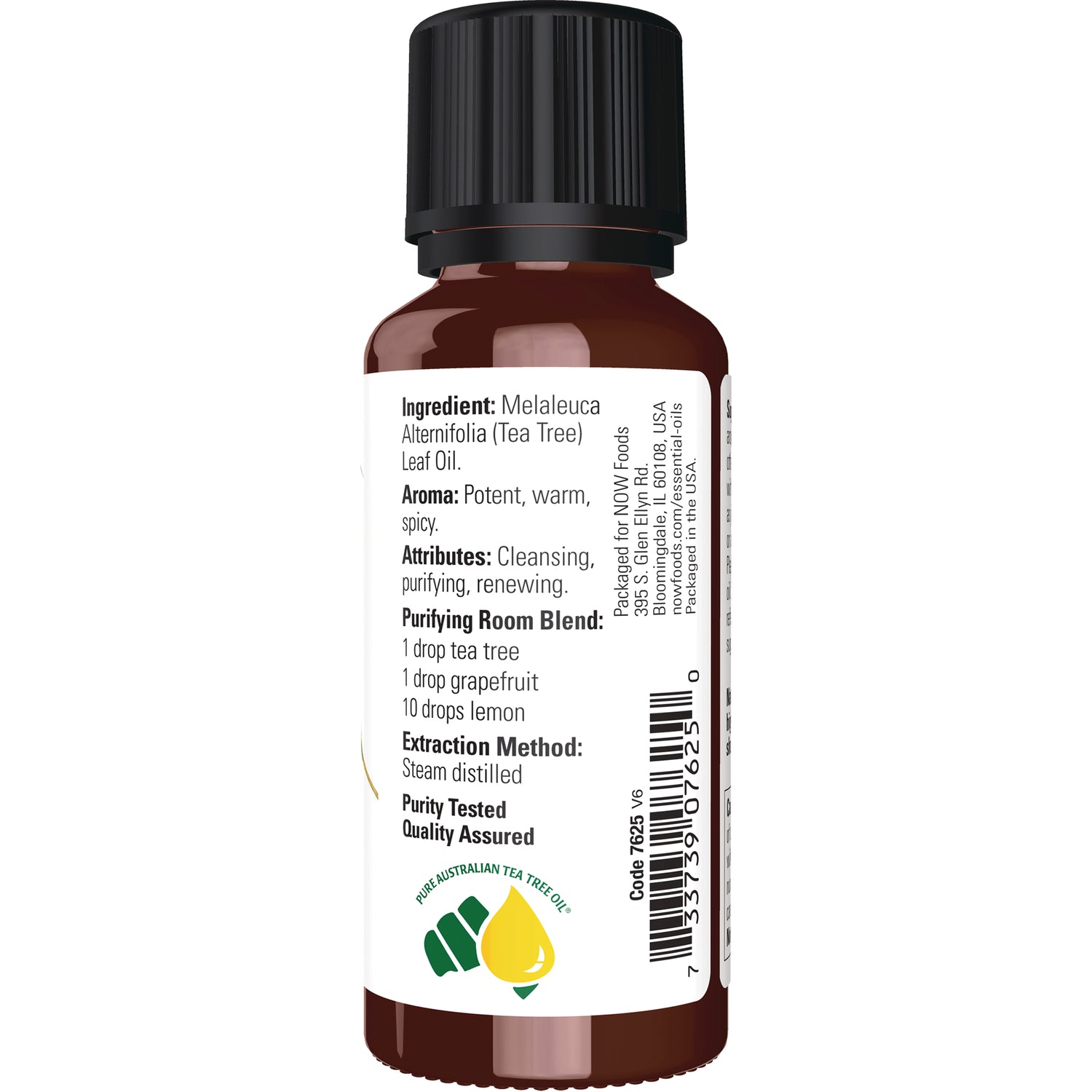NWF103 | Back label of brown essential oil bottle showing ingredients, purifying room blend instructions, and barcode