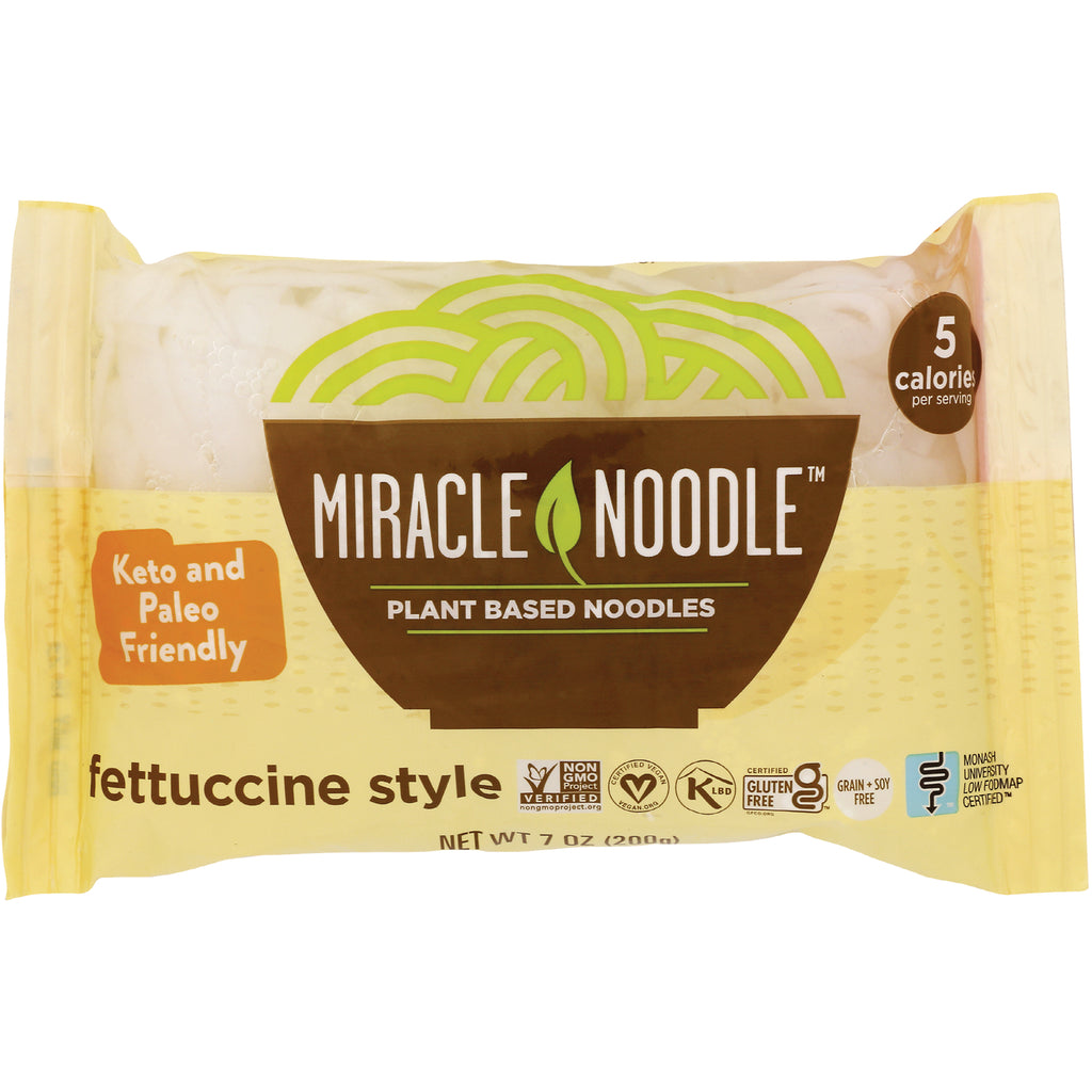 MIR004 | Miracle Noodle plant-based fettuccine style package showing brand label and 5 calories per serving - Thumbnail