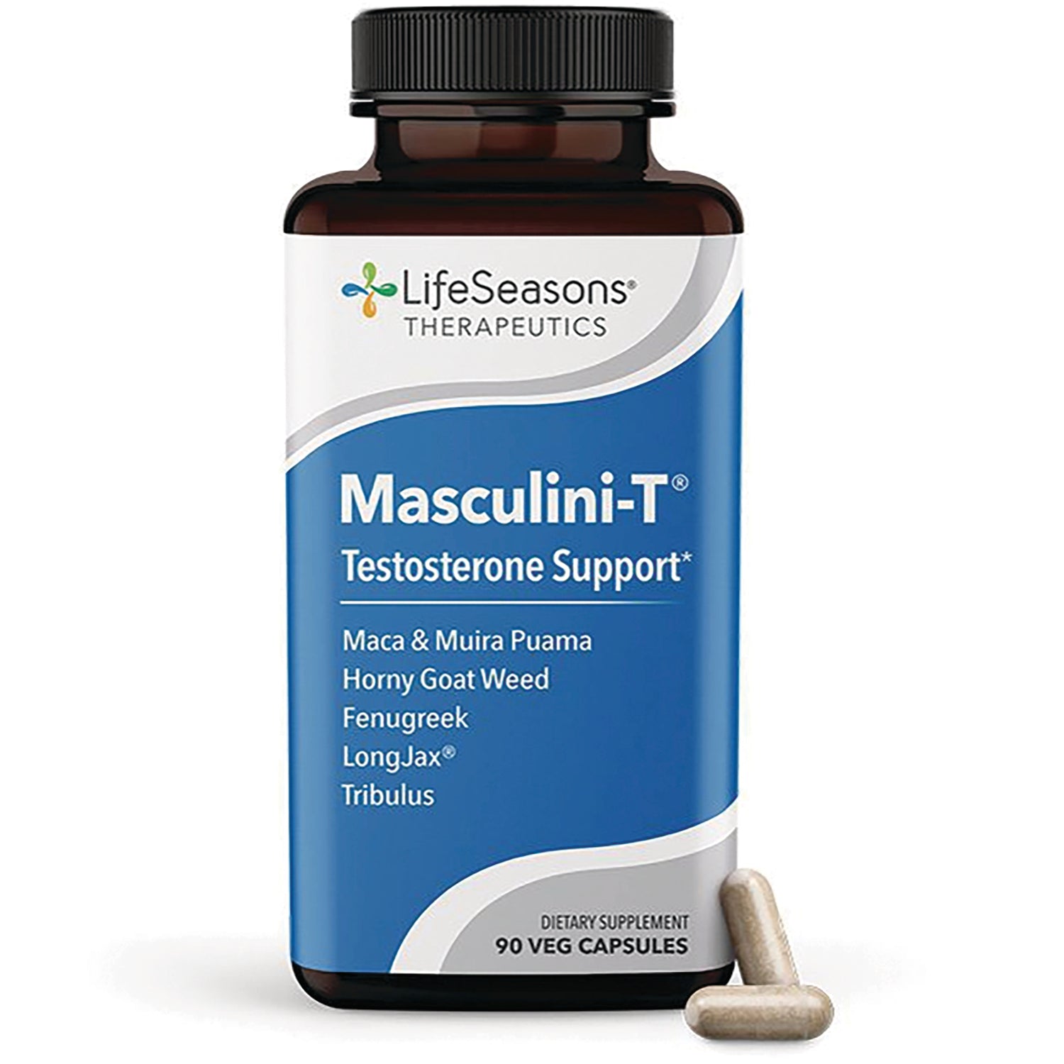 LSS004 | Masculini-T Testosterone Support bottle front labeled 90 veg capsules with two capsules