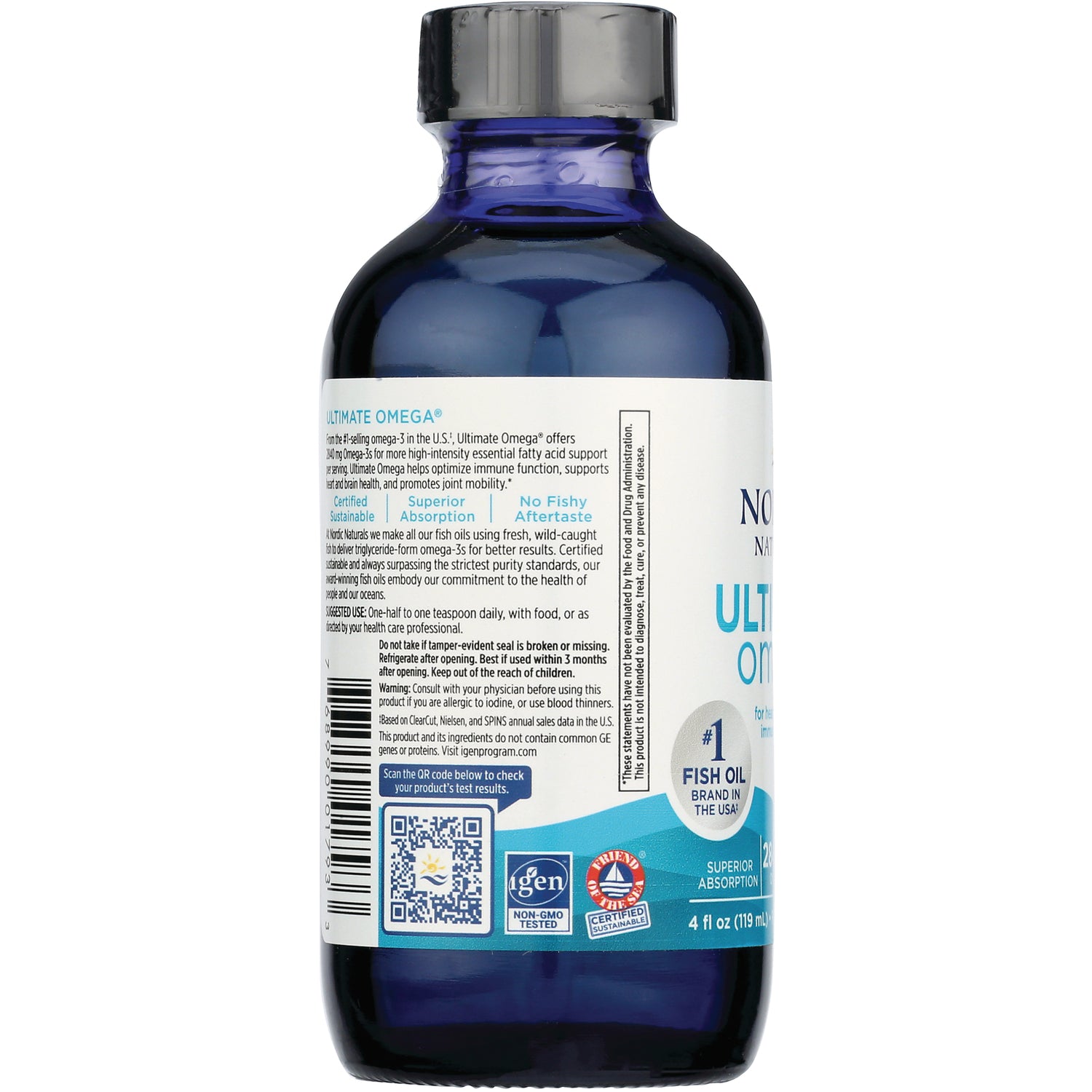 NRN032 | back label of blue Ultimate Omega bottle showing ingredient text, barcode and QR code