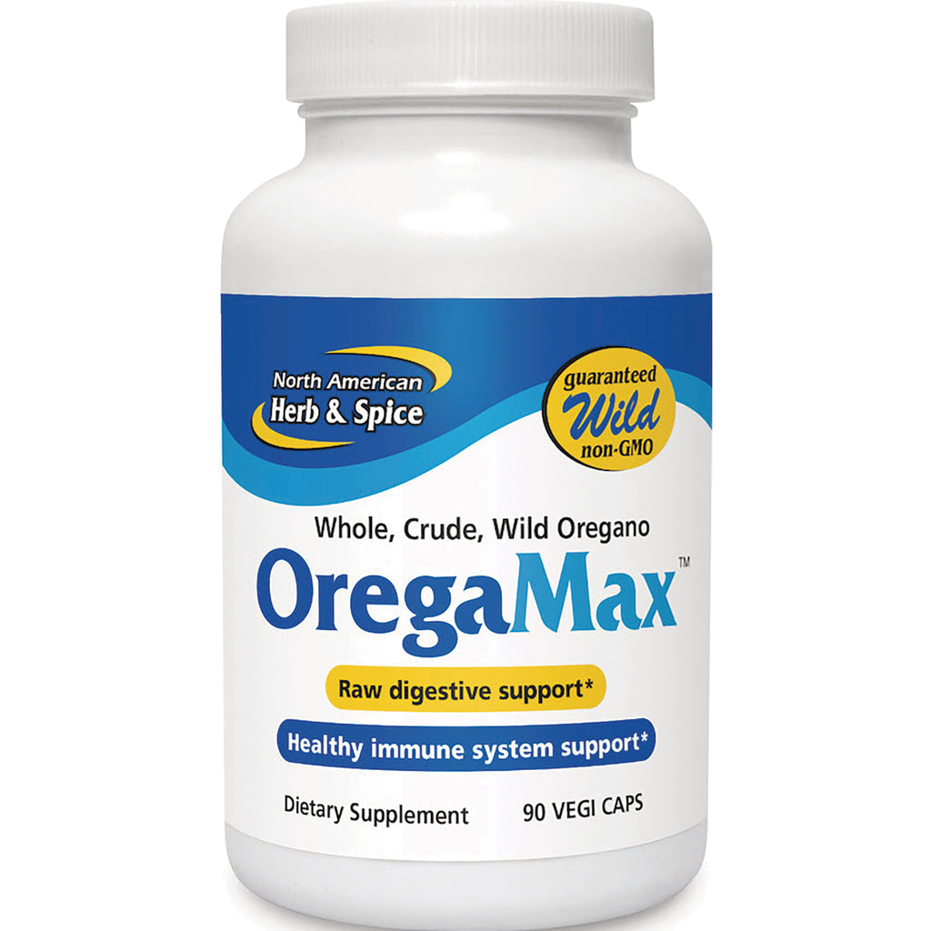 NHS010 | OregaMax bottle front label, wild oregano dietary supplement, 90 vegi caps, digestive and immune support - Thumbnail