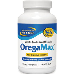 NHS010 | OregaMax bottle front label, wild oregano dietary supplement, 90 vegi caps, digestive and immune support