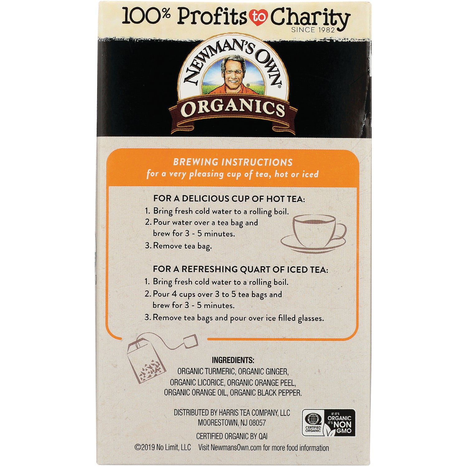 NWM042 | Back of Newman's Own Organics tea box showing brewing instructions and ingredients list