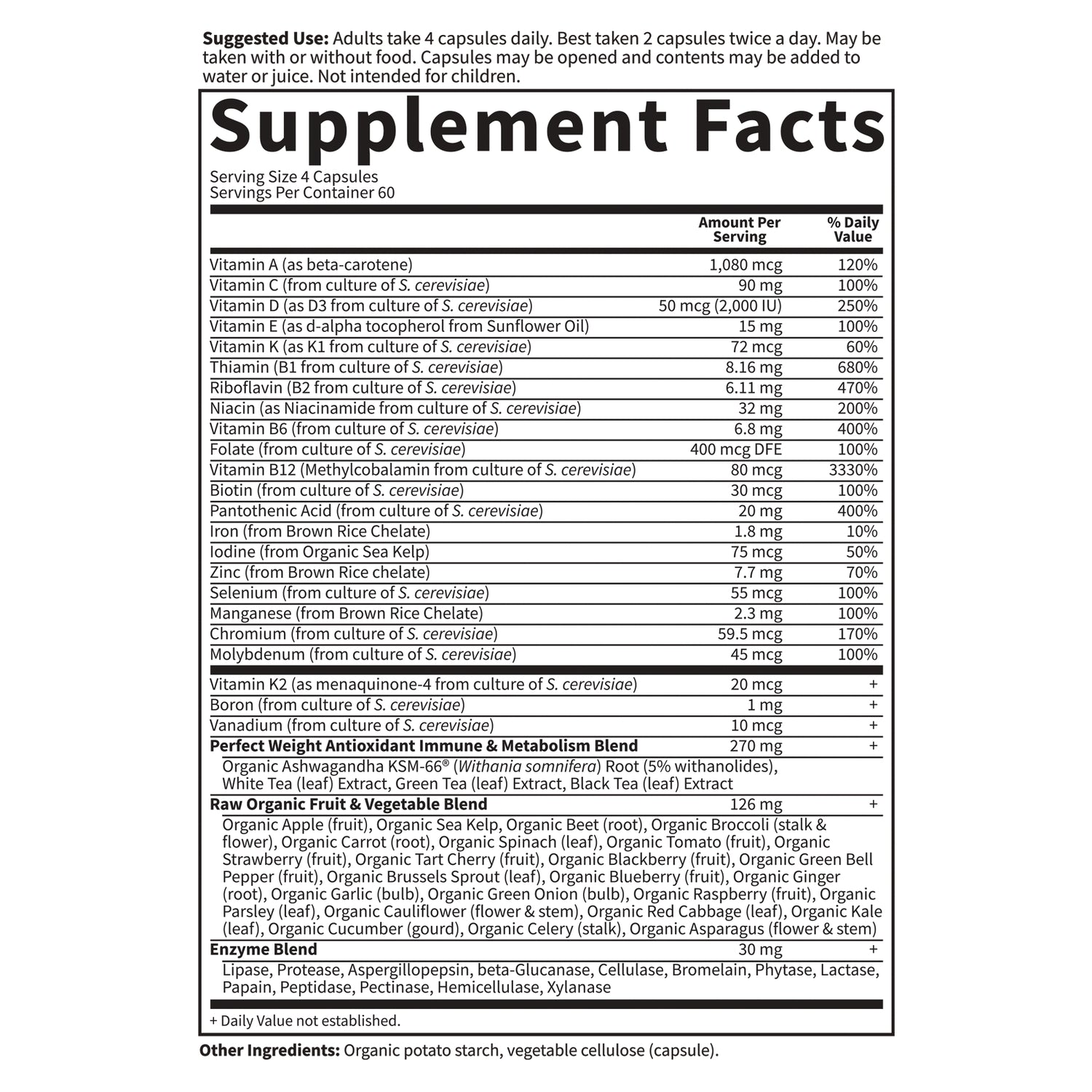 GLF099 | Supplement Facts panel showing suggested use, vitamin and mineral amounts and ingredient blends