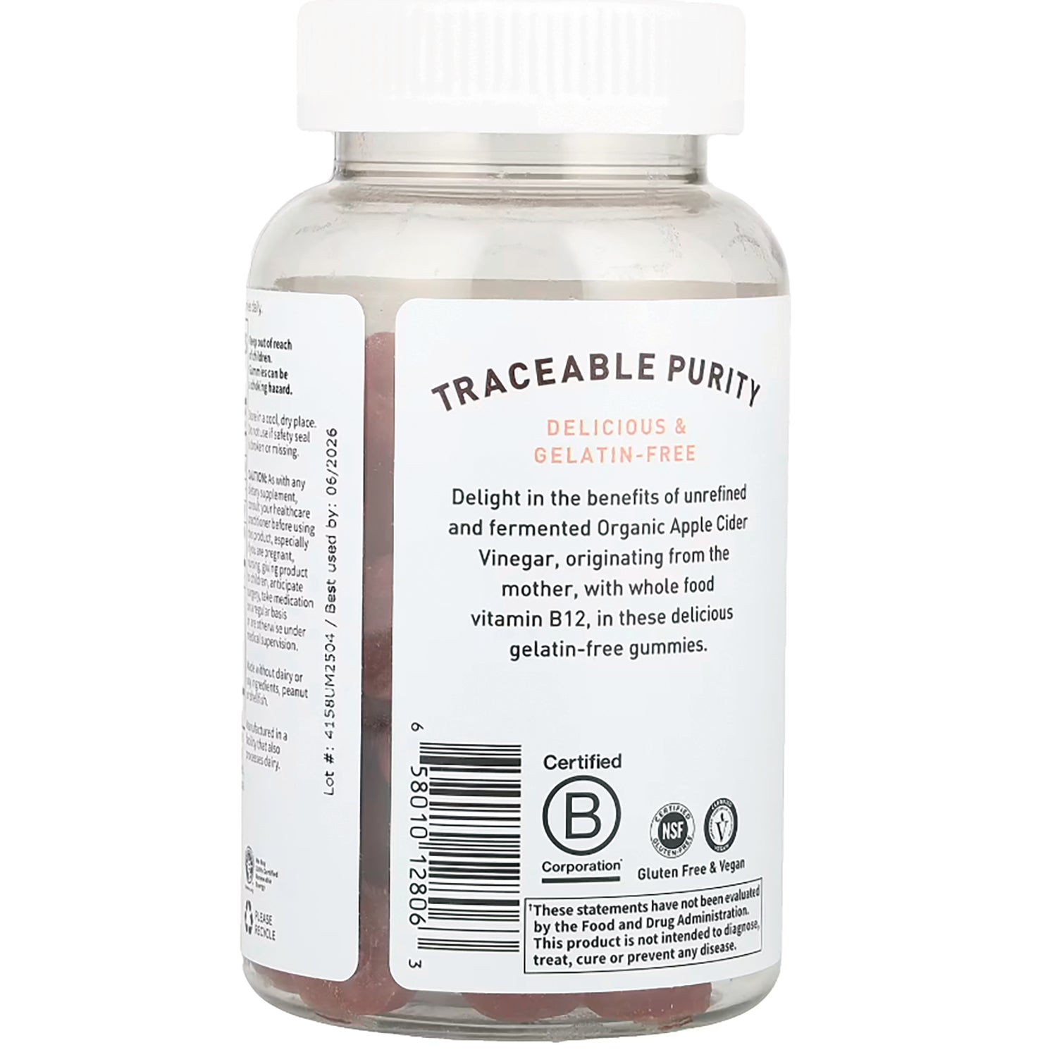 GLF343 | Back label of gummy bottle reading TRACEABLE PURITY with description of gelatin-free apple cider vinegar gummies and certification icons