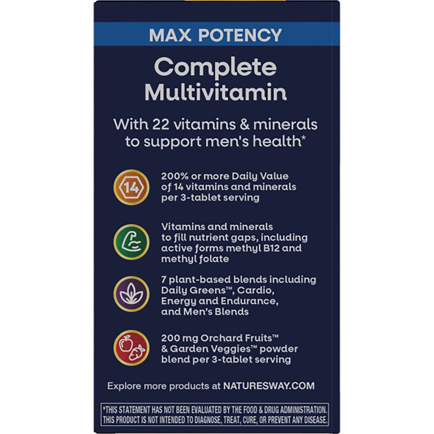 NW696 | Complete Multivitamin product infographic listing key benefits: 22 vitamins and minerals, plant-based blends, and serving details