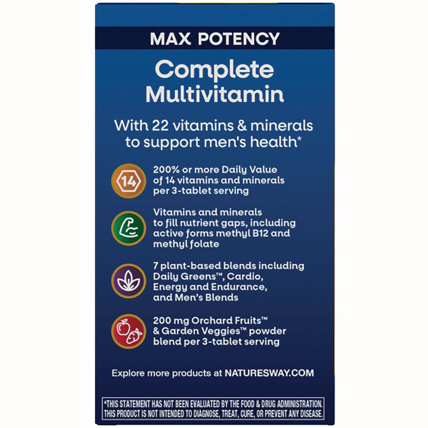 NW696 | Complete Multivitamin product infographic listing key benefits: 22 vitamins and minerals, plant-based blends, and serving details