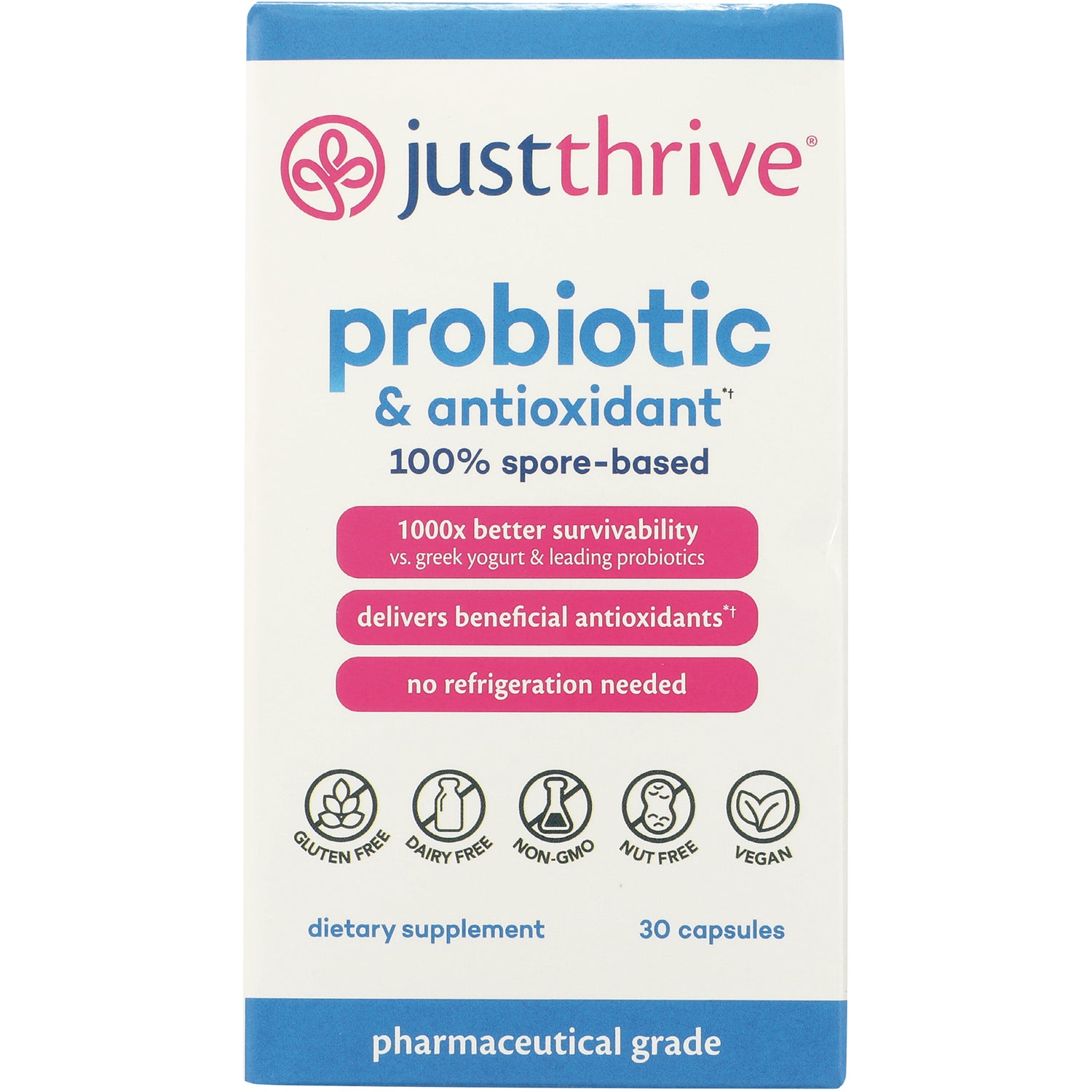 JTR001 | justthrive probiotic & antioxidant box front, 100% spore-based, 30 capsules