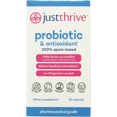 JTR001 | justthrive probiotic & antioxidant box front, 100% spore-based, 30 capsules