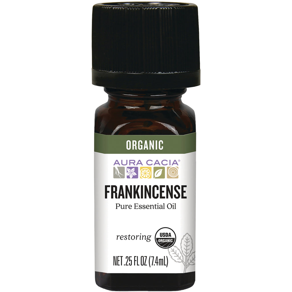 ARC277 | Amber 0.25 fl oz Aura Cacia Frankincense pure essential oil bottle with black cap labeled organic - Thumbnail