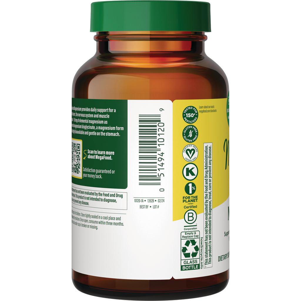MGF047 | Back label of amber supplement bottle with barcode, certification icons and GLASS BOTTLE recycling symbol - Thumbnail