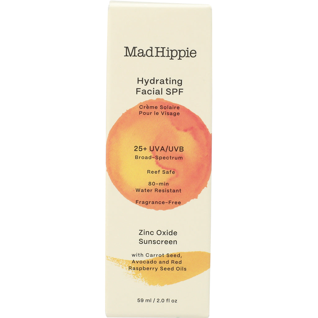 HIP015 | MadHippie Hydrating Facial SPF zinc oxide sunscreen box labeled 25+ UVA/UVB, reef safe, 80-min water resistant - Thumbnail