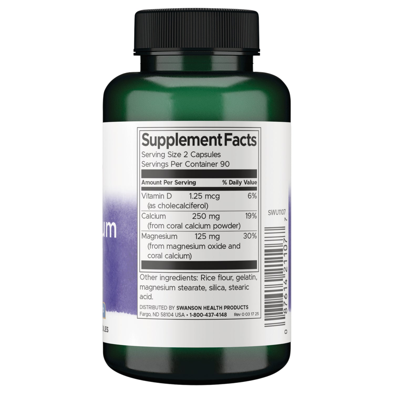SWU1107 | Back label with Supplement Facts panel, ingredients, and barcode