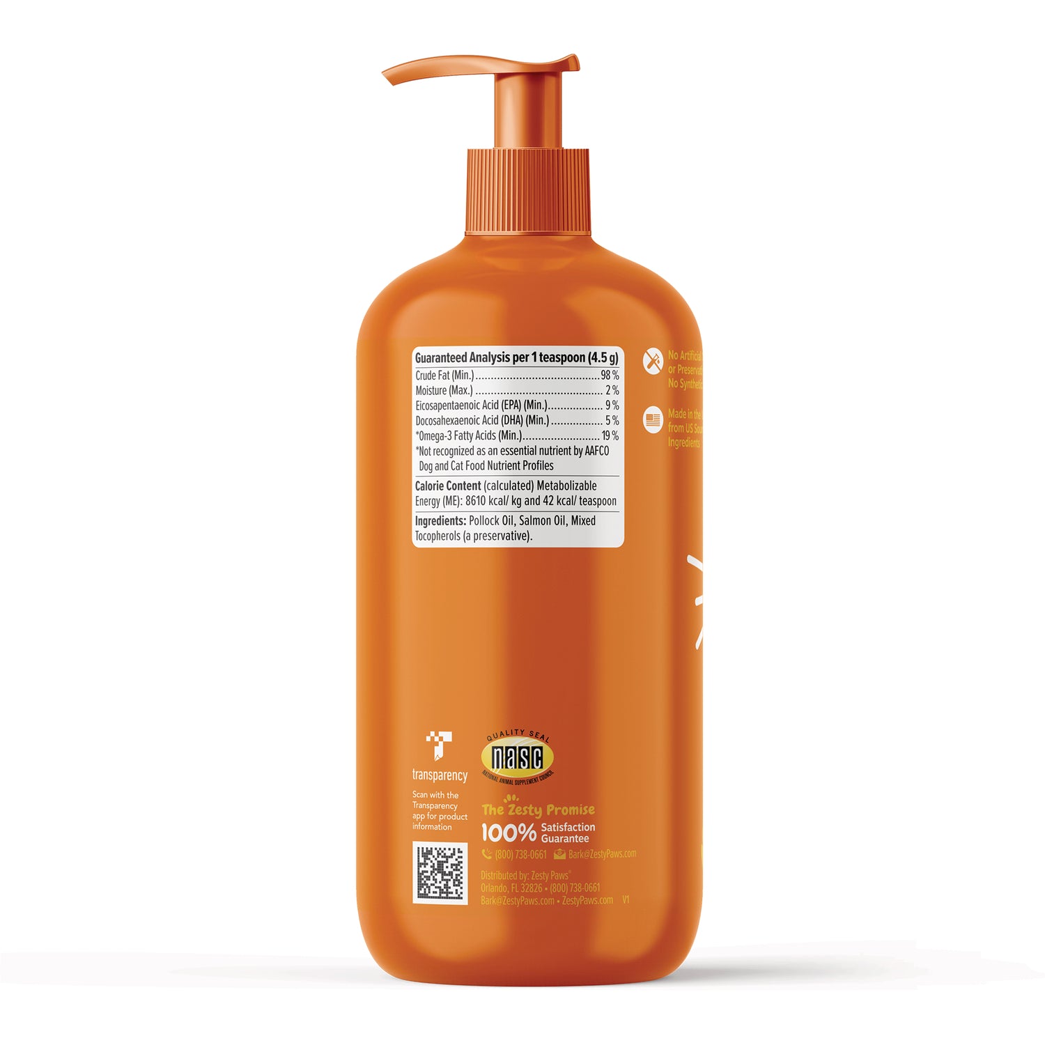 ZPW021 | Back of orange pump bottle with Guaranteed Analysis and ingredients panel