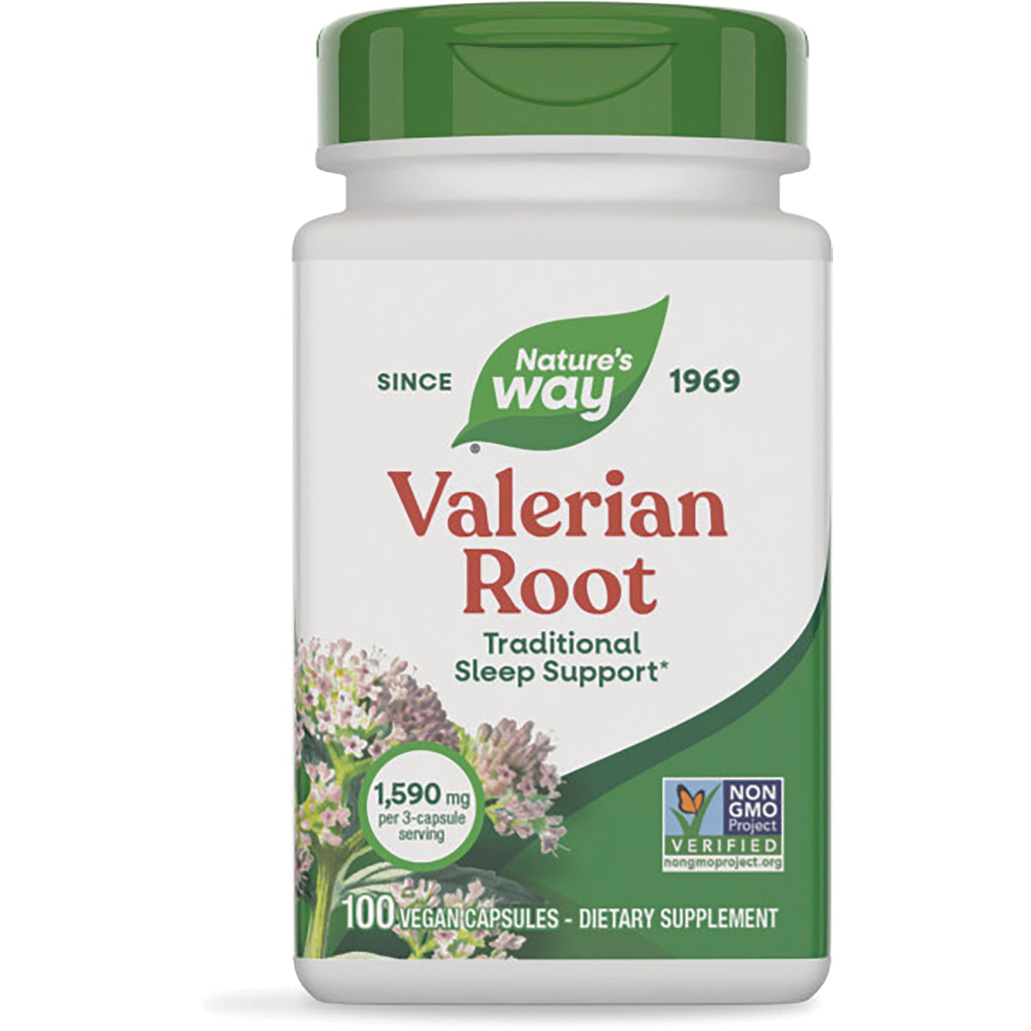NW172 | Nature's Way Valerian Root supplement bottle front label, traditional sleep support, 100 vegan capsules